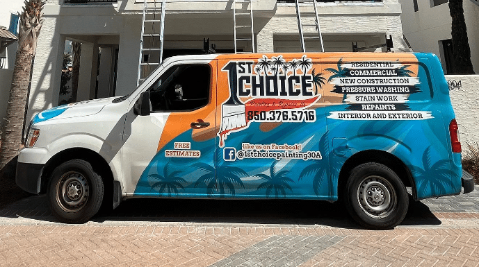 Our 1st Choice Painting and Repairs branded work van in front of an exterior painting job.